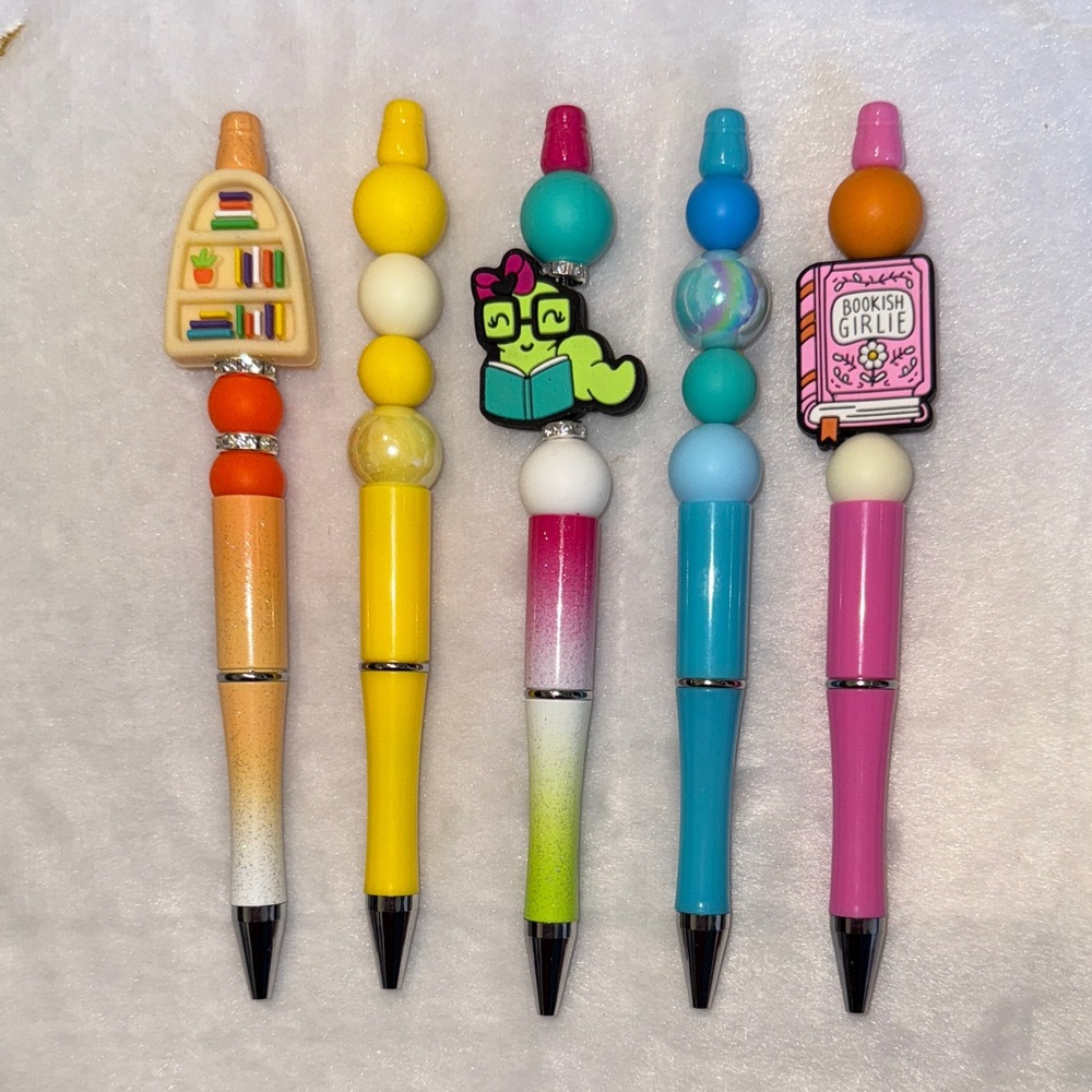 5 piece- Book Worm Lovers themed handcrafted beaded pens set.